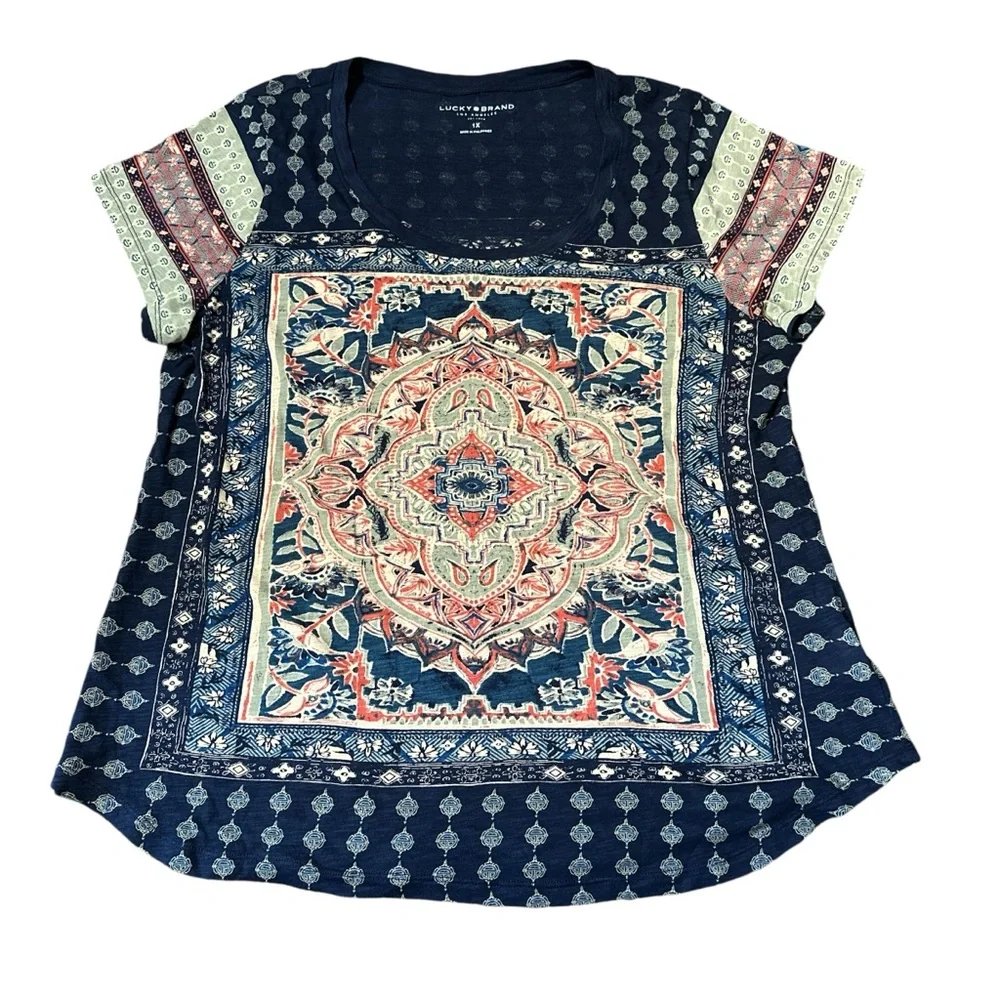 *lucky brand tunic top women’s 1X blue short sleeve boho eccentric - Picture 1 of 10